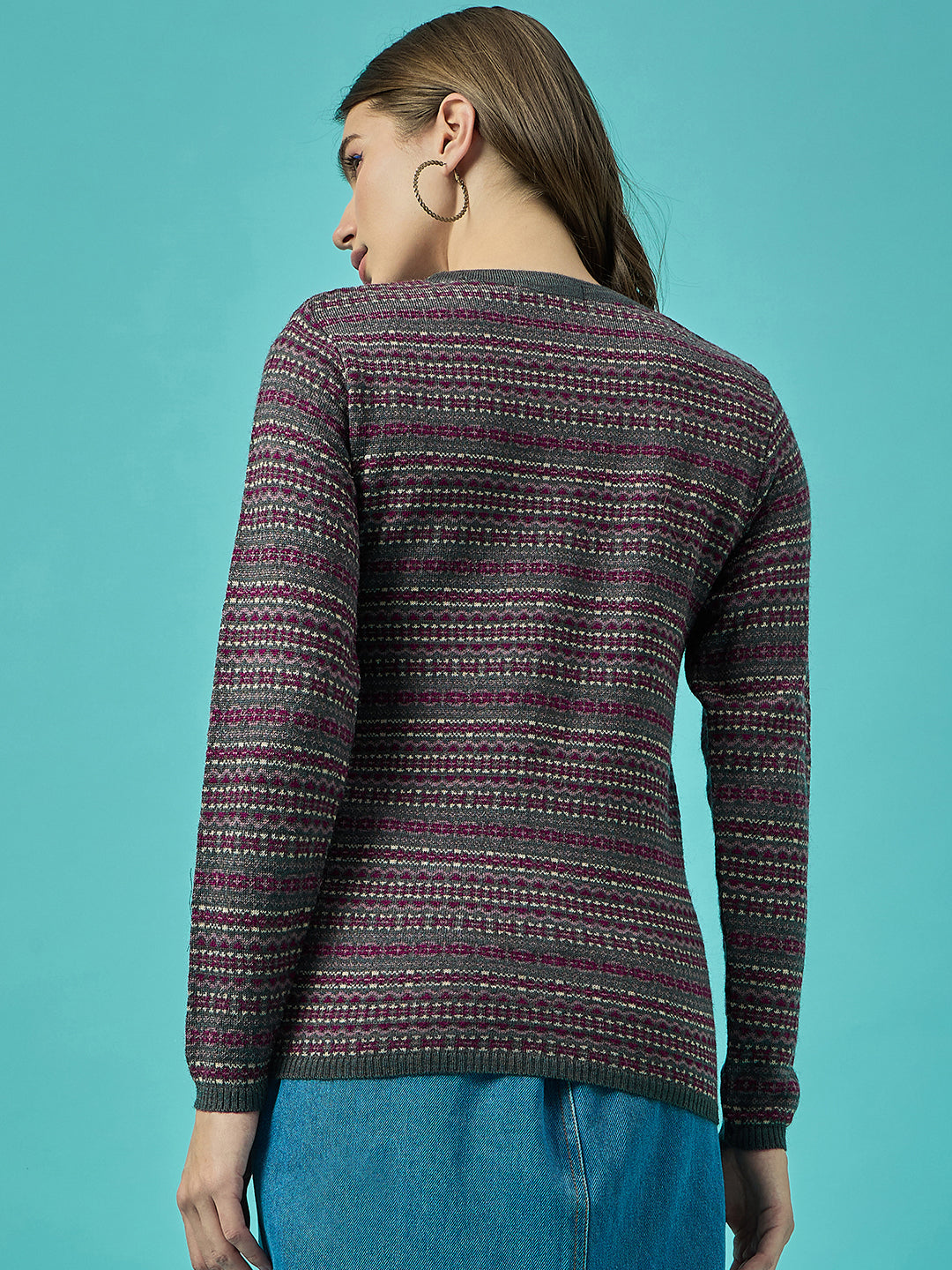 Women Md-Grey Self Striped Round Neck Cardigan