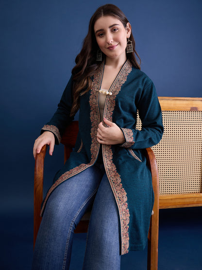 clapton Harbor-Blue Plain Pure Wool Long Jacket from Kashmir with Paisley Aari Embroidery on Border
