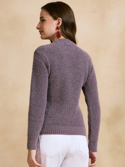 Women Self Design Round Neck Sweater Purple