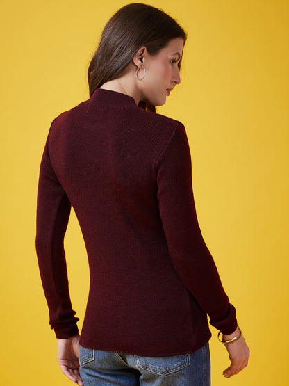 Wool Blend Crew Neck Full Sleeve Mehroon Top