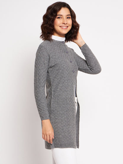 Wool Blend Round Neck Grey Long Shrug
