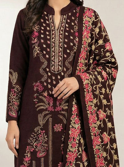 Clapton Embroidered  wool blends for winter wear Straight-fit kurta with trousers and a dupatta (shawl) WINE