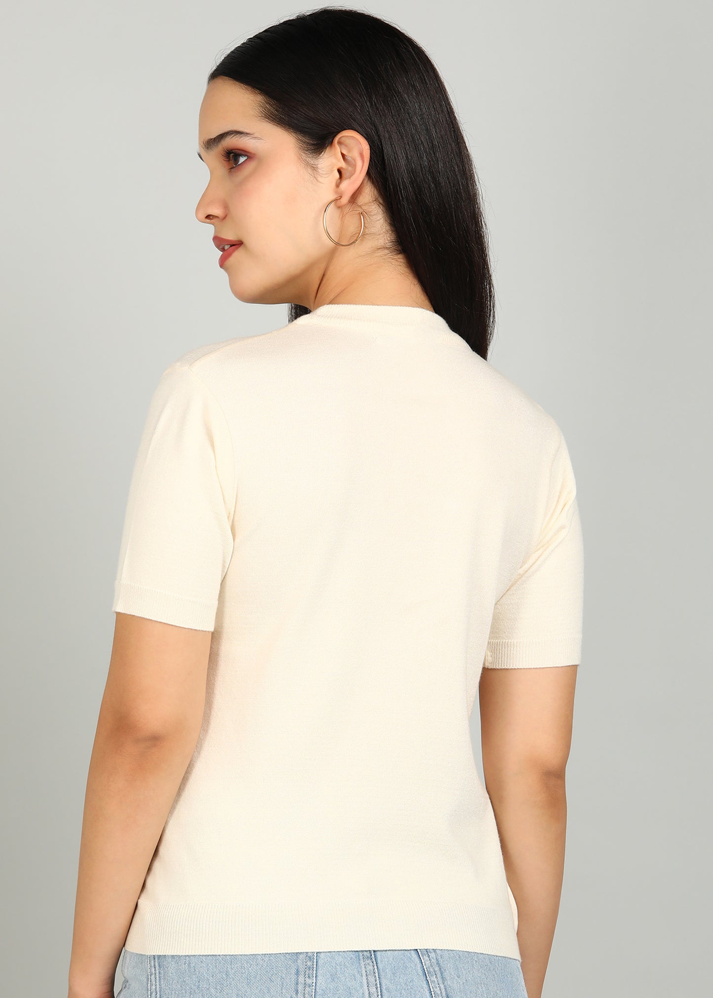 Women Solid Color Round Neck Half Sleeve Viscose T-Shirt Off White