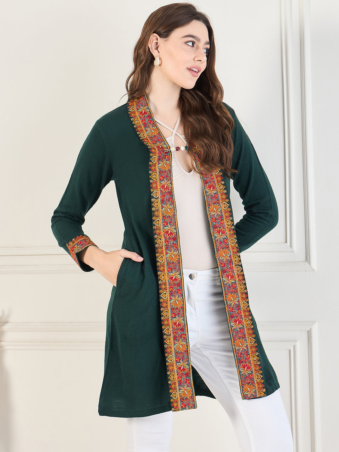 Women's Green Embroidered Sleeves, Floral Pattern, Winter Wear, Open Neck Shrug