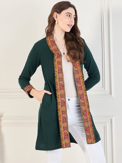 Women's Green Embroidered Sleeves, Floral Pattern, Winter Wear, Open Neck Shrug