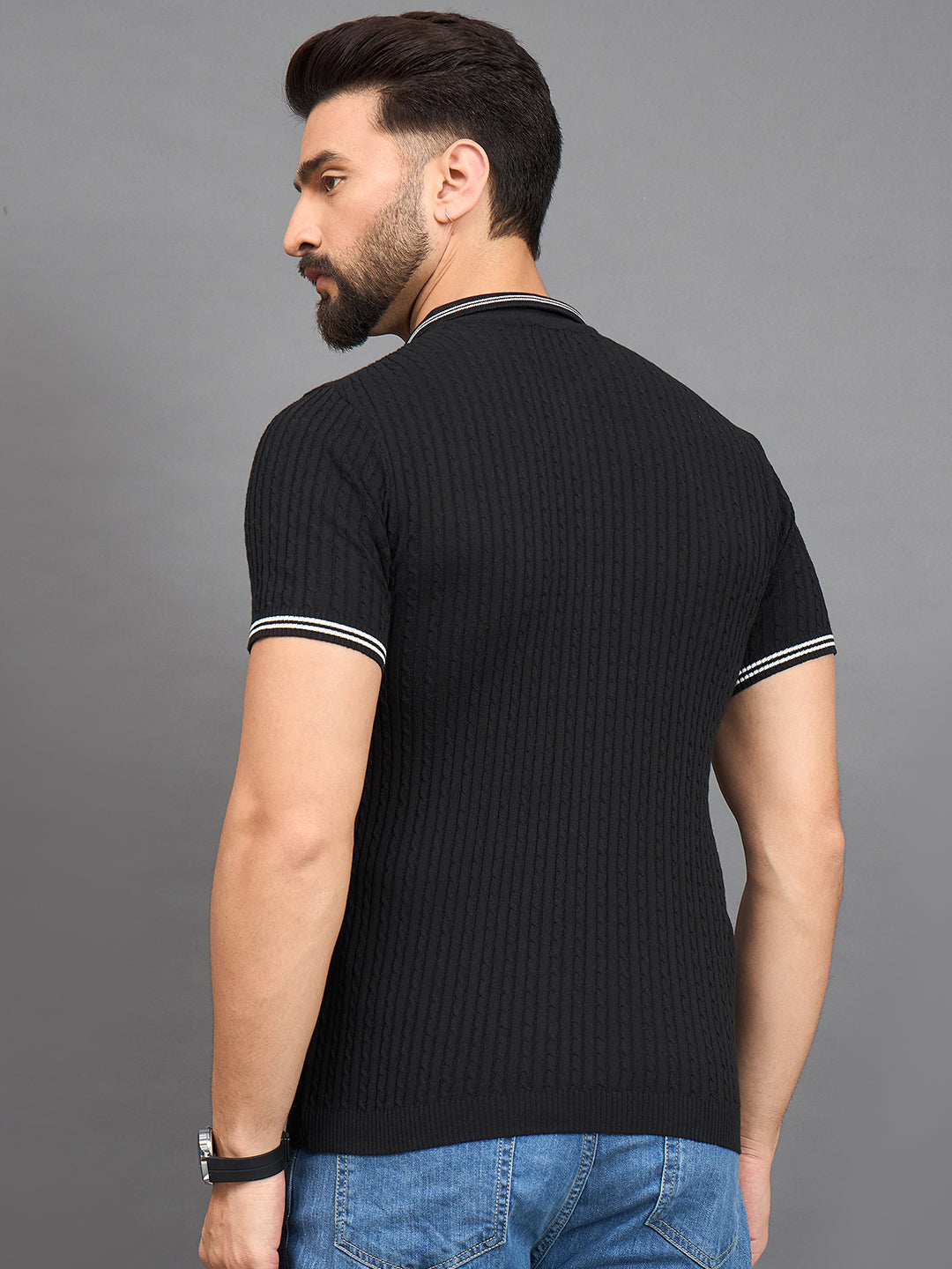 CLAPTON Men Knitted Polo Collar T-shirt  BLACK