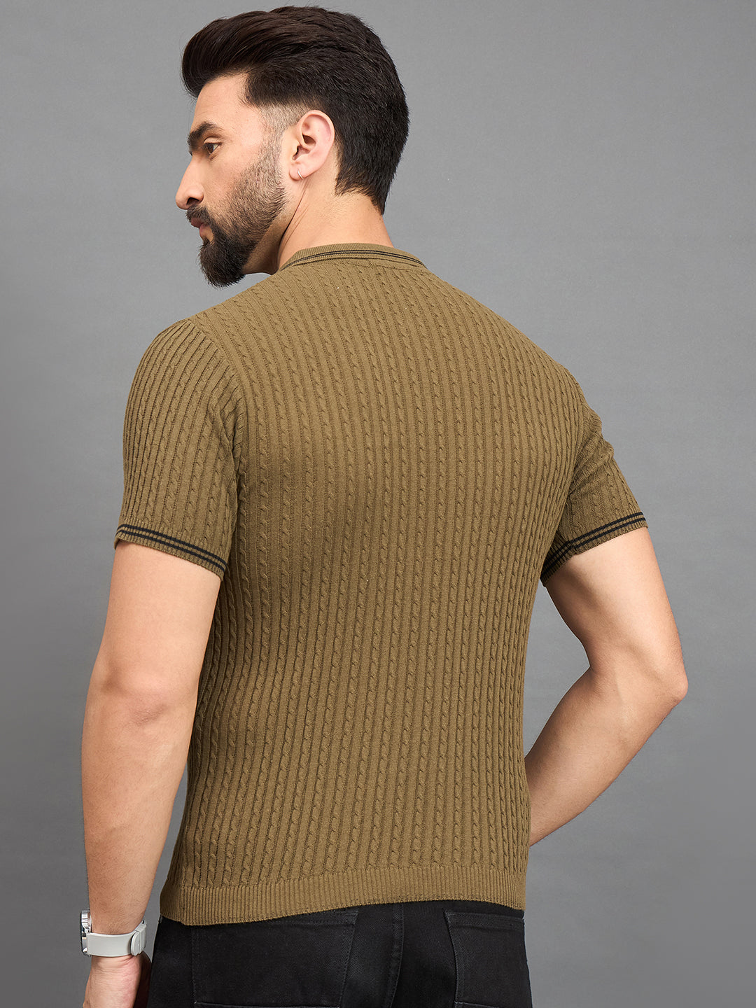 CLAPTON Men Knitted Polo Collar T-shirt  Mehndi