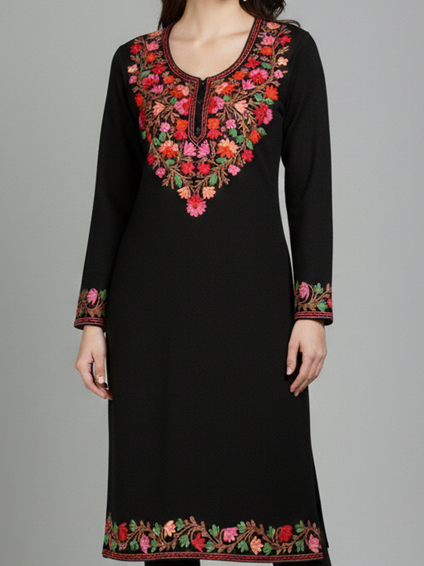 Clapton Black Wolen Winter wear Embroidered Kashmiri Aari Work Kurta (PHERAN)
