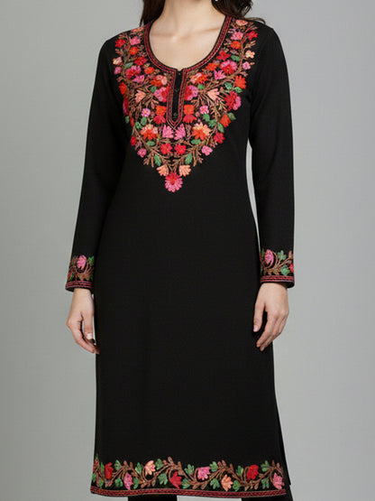 Clapton Black Wolen Winter wear Embroidered Kashmiri Aari Work Kurta (PHERAN)