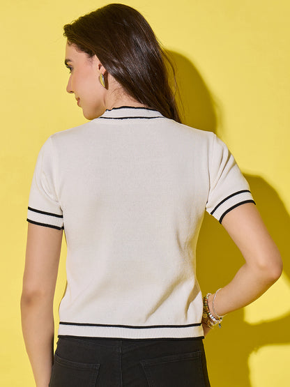 Women Striped Round Neck Pure Cotton T-Shirt White-Black