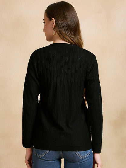 Wool Blend Round Neck Black cardigan