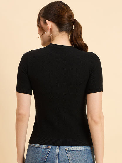 Clapton Women Knitted  Round Neck  T-shirt Black