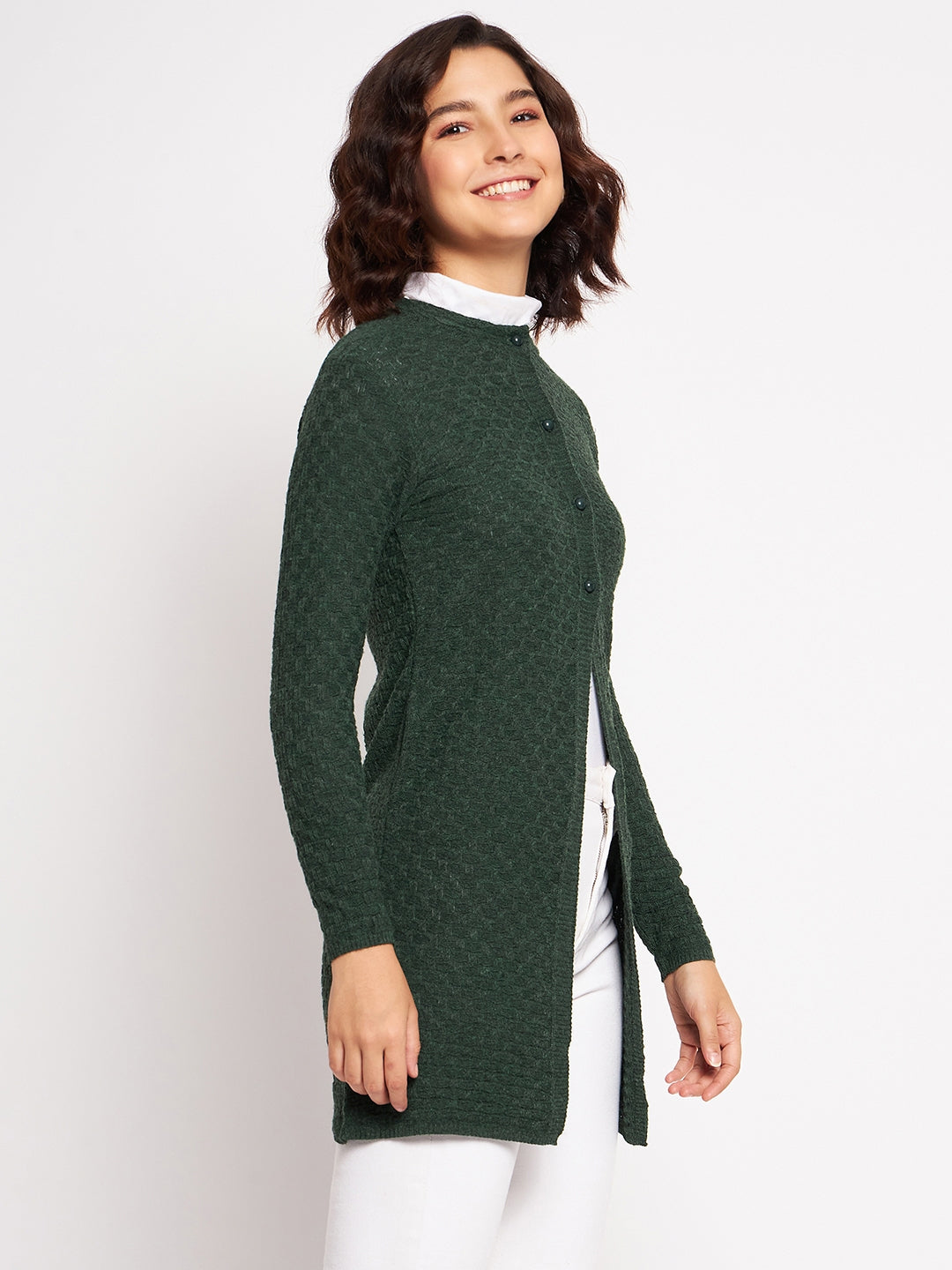 Wool Blend Round Neck Green Long Shrug