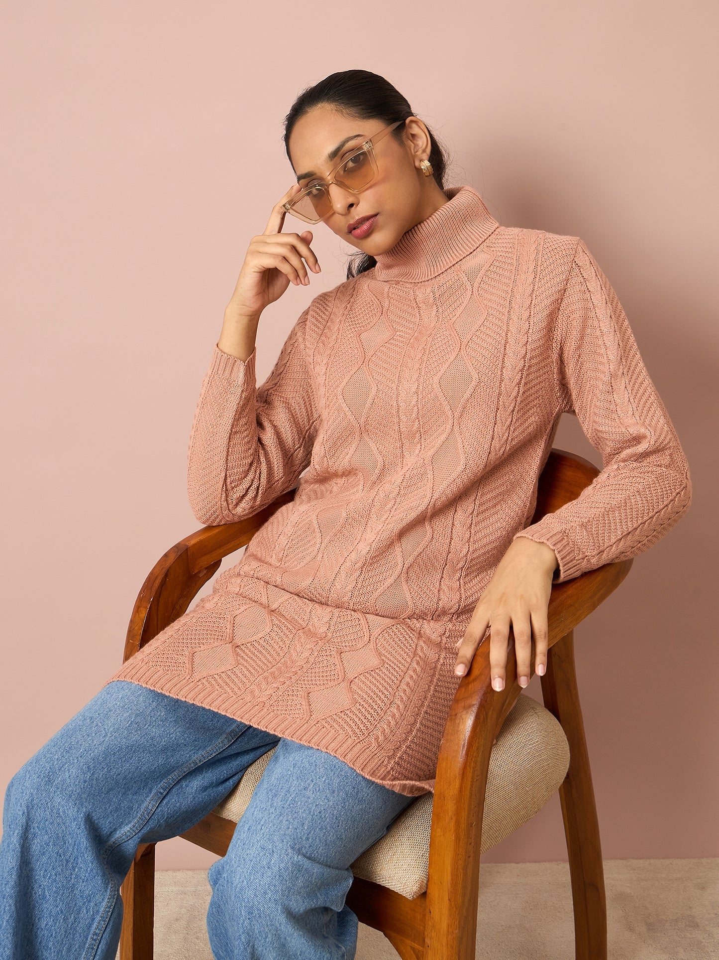 Clapton Cable Knitted  Wool Winter Wear Women’S Long Cardigan Peach