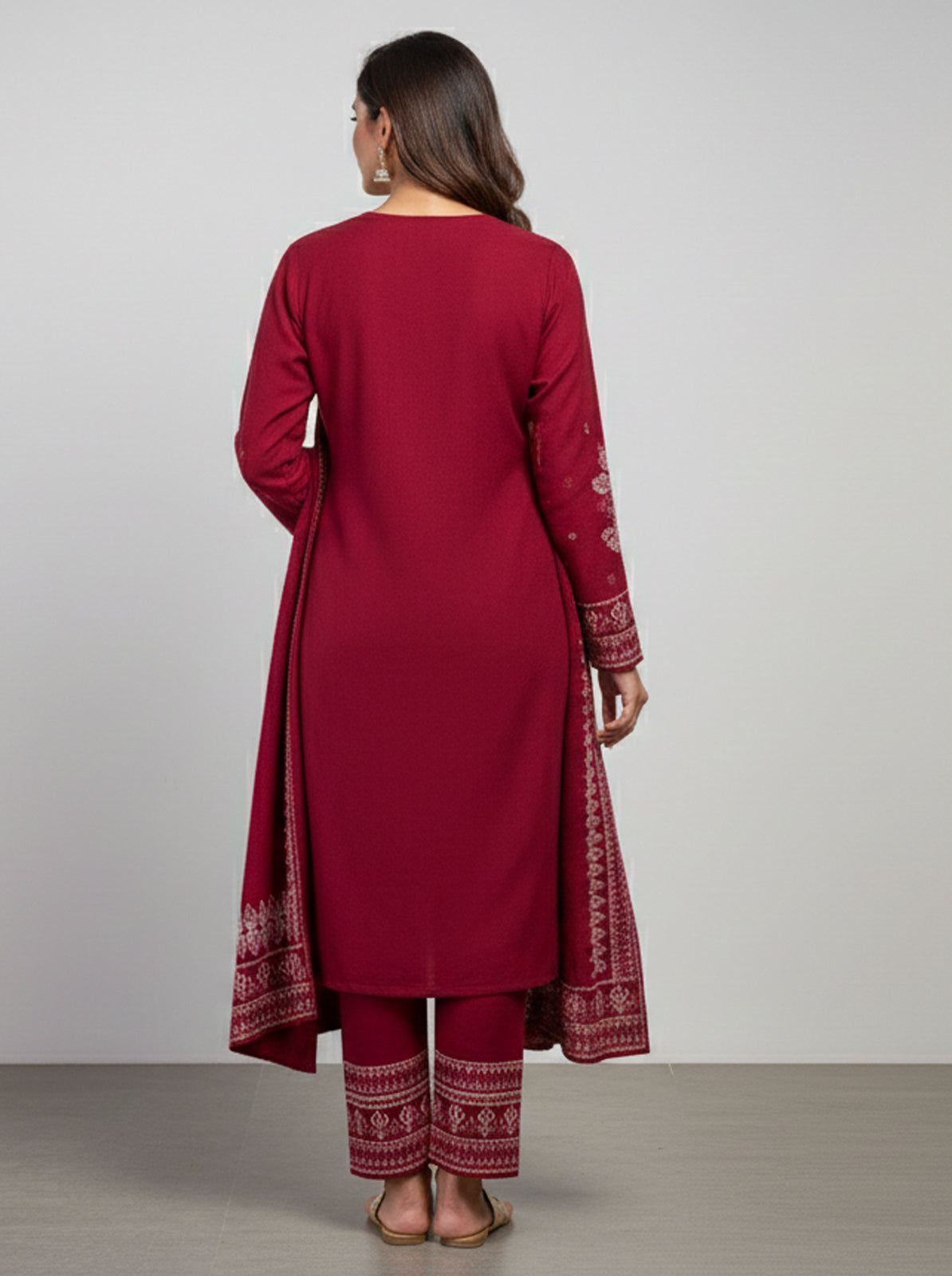 Embroidered wool blends for winter wear Straight-fit kurta with trousers and a dupatta (shawl) Red