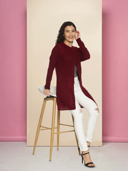 Wool Blend Round Neck Mehroon Long Shrug