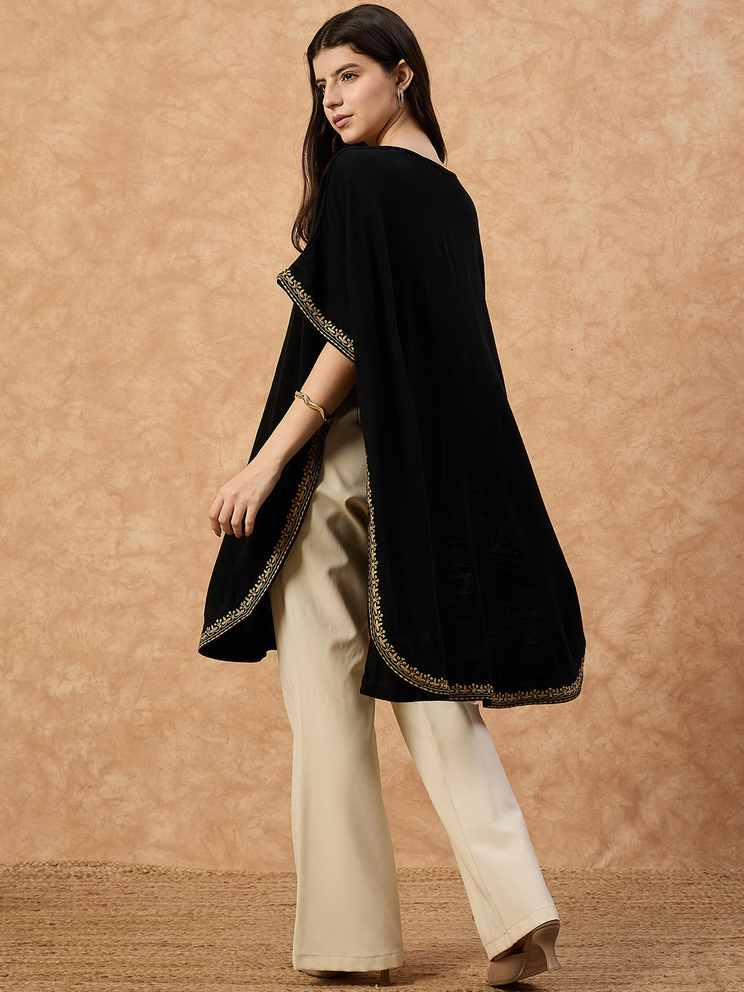 Clapton Women’s Wool Kaftan Kurti –  Black, Golden Embroidery -6201
