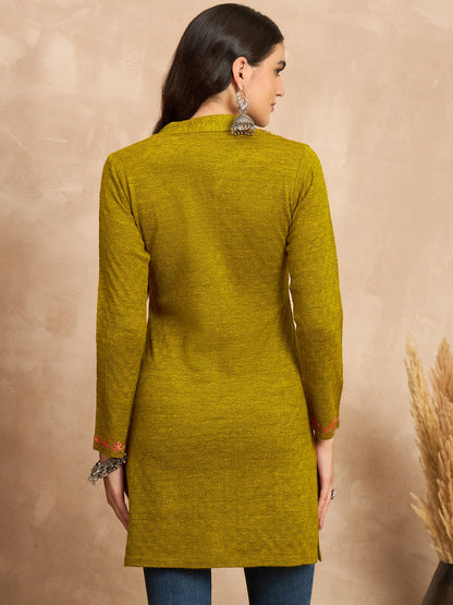 Women Multicolor Embroidered woolen Blend  Kurta Gold Winter Wear