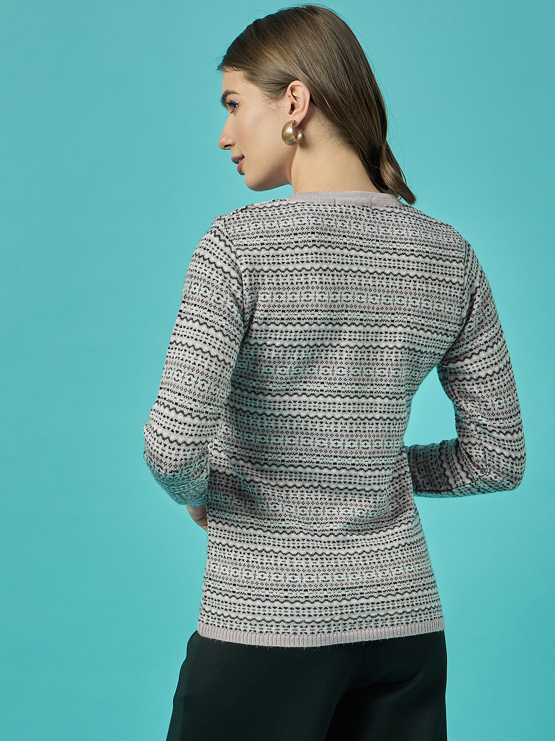 Women Pink Self Striped Round Neck Cardigan