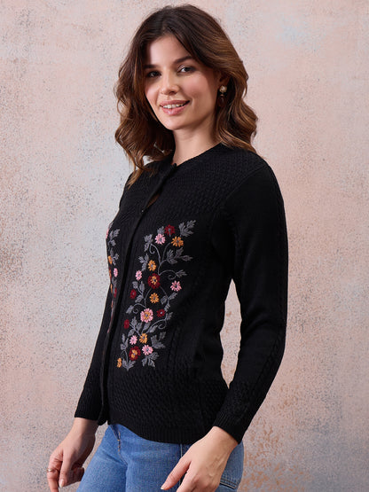 Women’s Floral Embroidered Button-Front Knit Cardigan Black