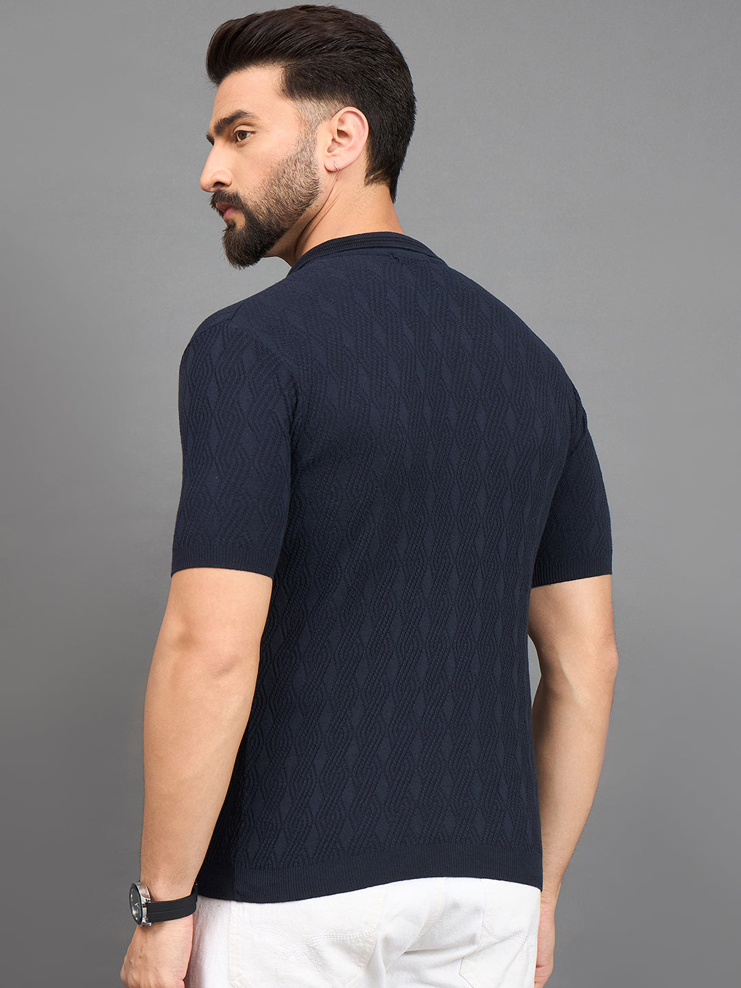 CLAPTON Men Knitted Polo Collar T-shirt  Navy