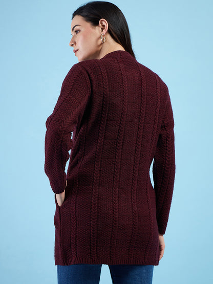 Clapton Cable Knit  Design Woolen  Longline Cardigan Sweater for women and Girls Maroon