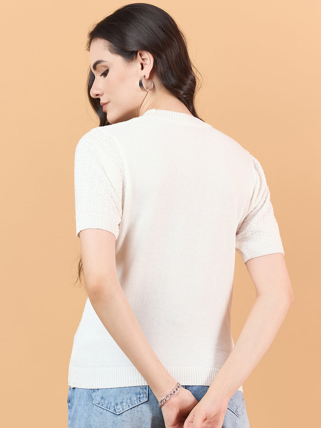 clapton Women Self knitted cotton Design T-shirt  White