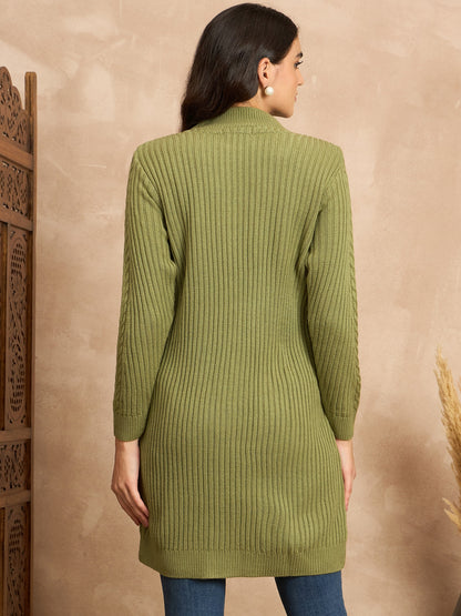 CLAPTON Women’s Wool Blend Ribbed Knit Tunic Sweater with Mock Neck & Full Sleeves Green