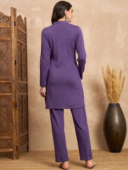 CLAPTON Women’s Purple Wool Blend Embroidered Kurti & Pant Set – 2 Piece Winter Wear