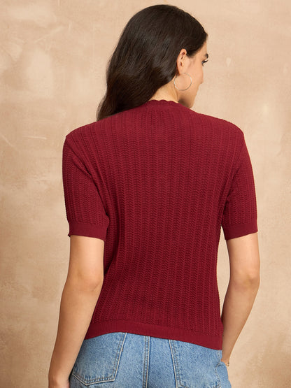 Clapton Women Knitted  Round Neck  T-shirt MAHROON -3105