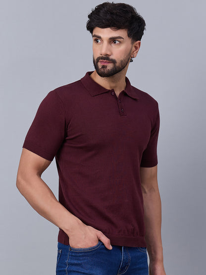 Men's Maroon Knitted Polo T-shirt