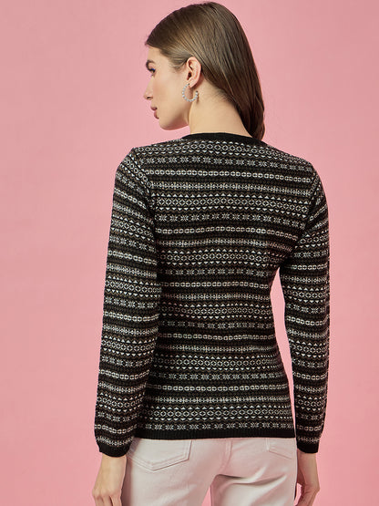 Women Black Self Striped Round Neck Cardigan
