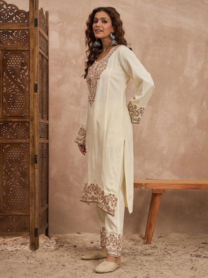 Woolen Embroidered 2-piece winter wear Kurti & Pant Set White