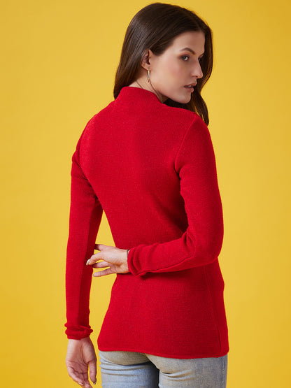 Wool Blend Crew Neck Full Sleeve Red Top