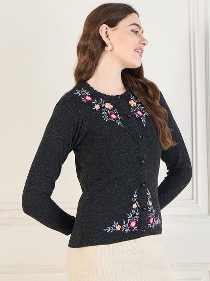 Embroidered Long Sleeves Pure Wool  Cardigan Sweater Black