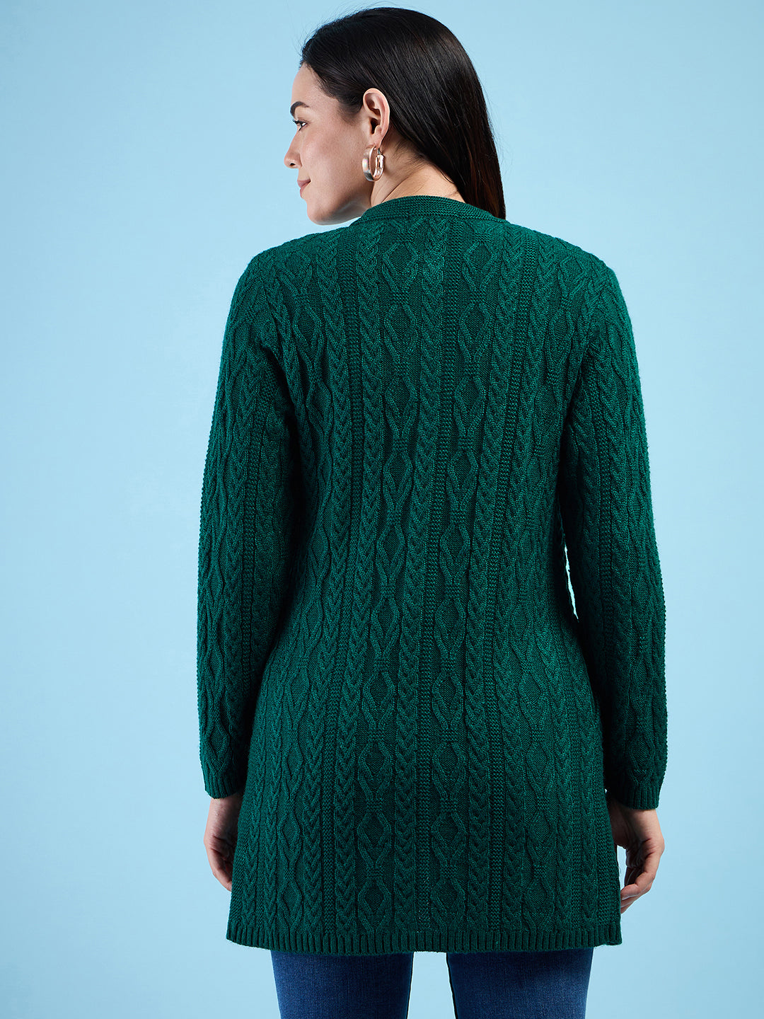 Clapton Cable Knit  Design Woolen  Longline Cardigan Sweater for women and Girls Green