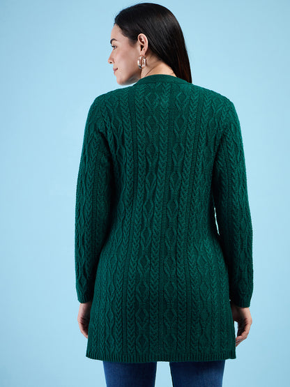 Clapton Cable Knit  Design Woolen  Longline Cardigan Sweater for women and Girls Green