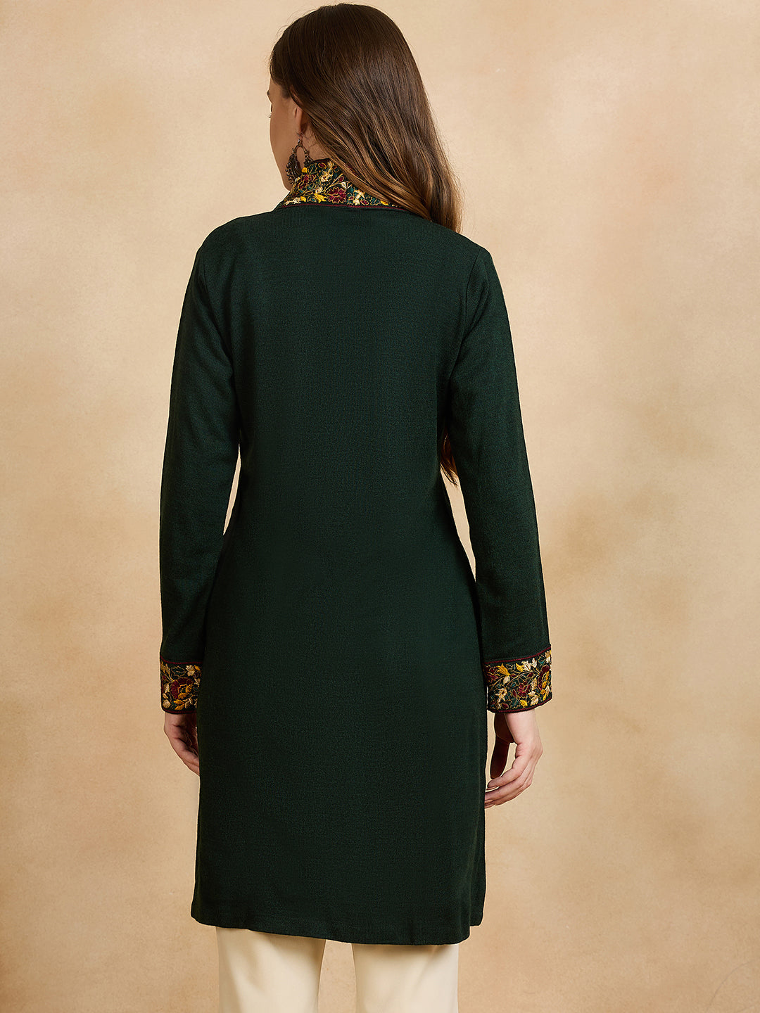 Women's Green Embroidered Sleeves, Floral Pattern, Winter Wear, Open Neck Shrug