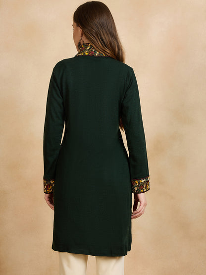 Women's Green Embroidered Sleeves, Floral Pattern, Winter Wear, Open Neck Shrug