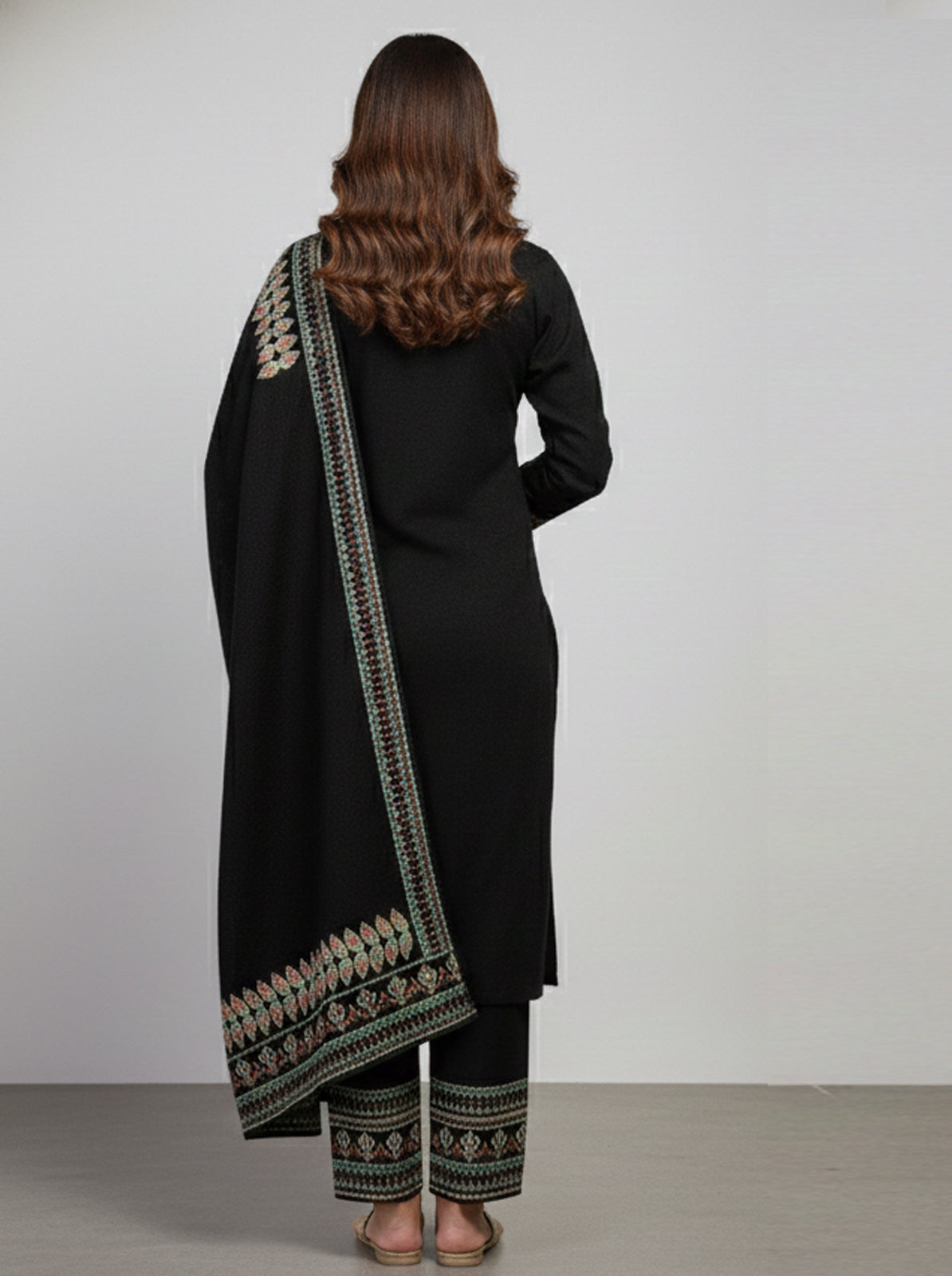 Embroidered wool blends for winter wear Straight-fit kurta with trousers and a dupatta (shawl) Black