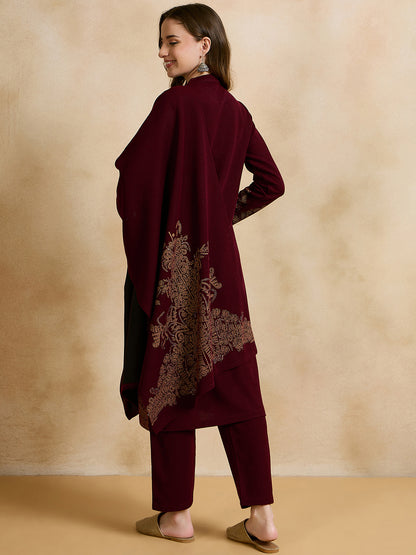 Clapton Embroidered Straight Kurta Pant With Dupatta Set Maroon