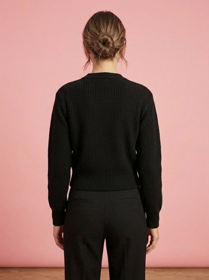 Women'S Black Knit Cardigan With Floral Embroidery, Button-Front, Round Neck, Full Sleeves Black