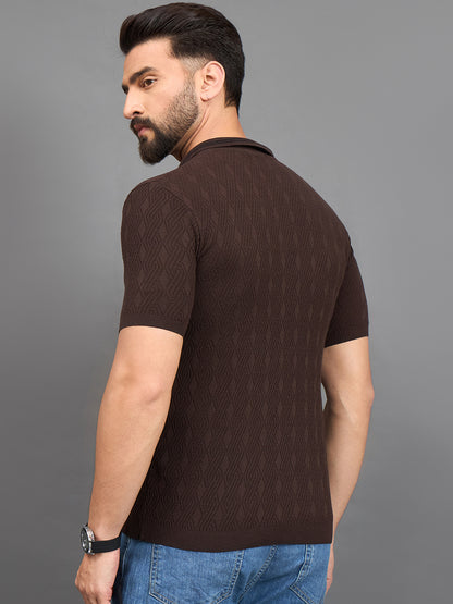 CLAPTON Men Knitted Polo Collar T-shirt  Brown