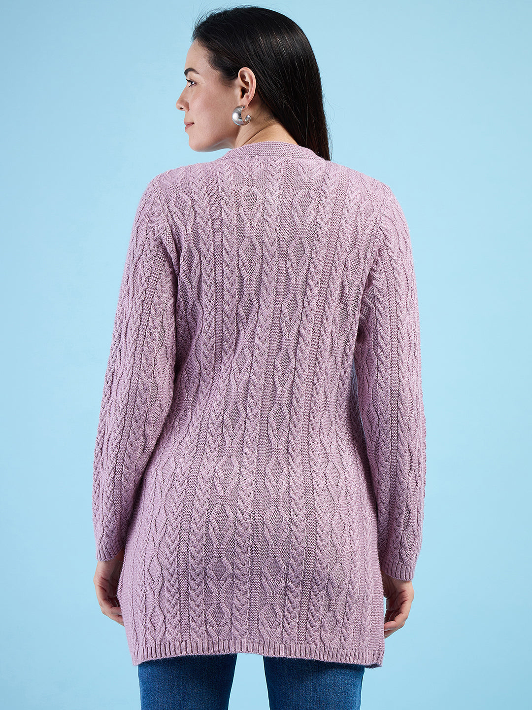Clapton Cable Knit  Design Woolen  Longline Cardigan Sweater for women and Girls Pink