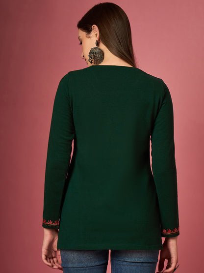 Women's  Kurti with Multicolor Floral Embroidery, Long Sleeves,winter wear Green