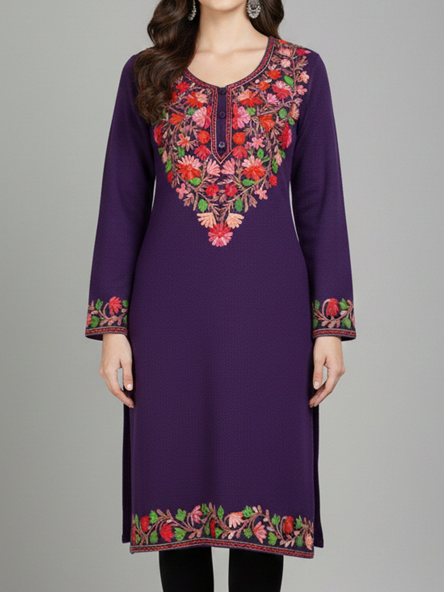 Clapton Purple Wolen Winter wear Embroidered Kashmiri Aari Work Kurta (PHERAN)