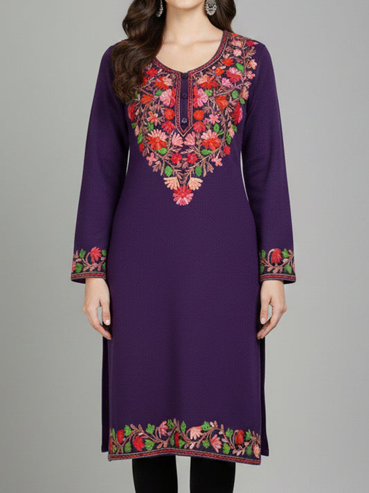 Clapton Purple Wolen Winter wear Embroidered Kashmiri Aari Work Kurta (PHERAN)