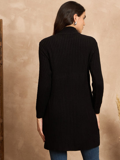 CLAPTON Women’s Wool Blend Ribbed Knit Tunic Sweater with Mock Neck & Full Sleeves Black