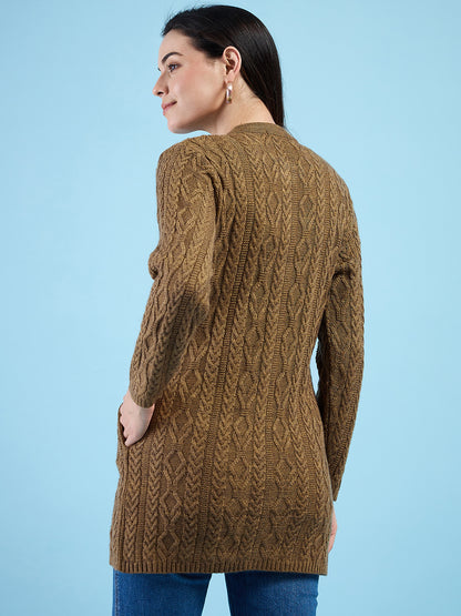 Clapton Cable Knit  Design Woolen  Longline Cardigan Sweater for women and Girls Brown