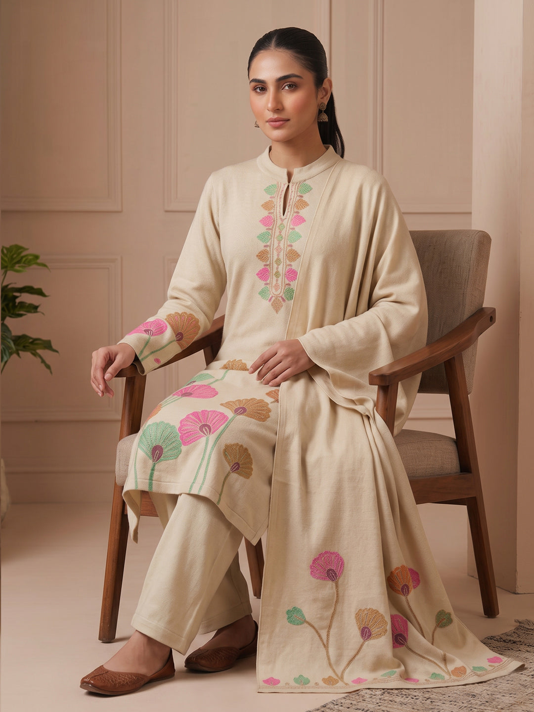 Woolen Embroidered  winter wear Kurti & Pant and Dupatta Set Beige